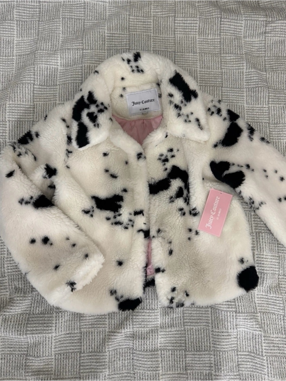 Juicy Couture White and Black Spotted Faux Fur Coat